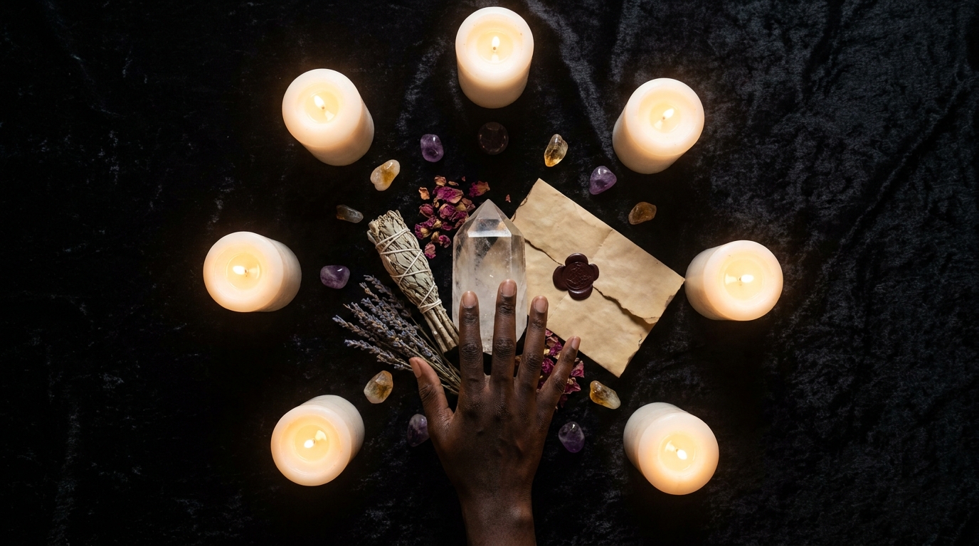 Rituel de magie blanche — main sur un cristal entouré de bougies et herbes sacrées
