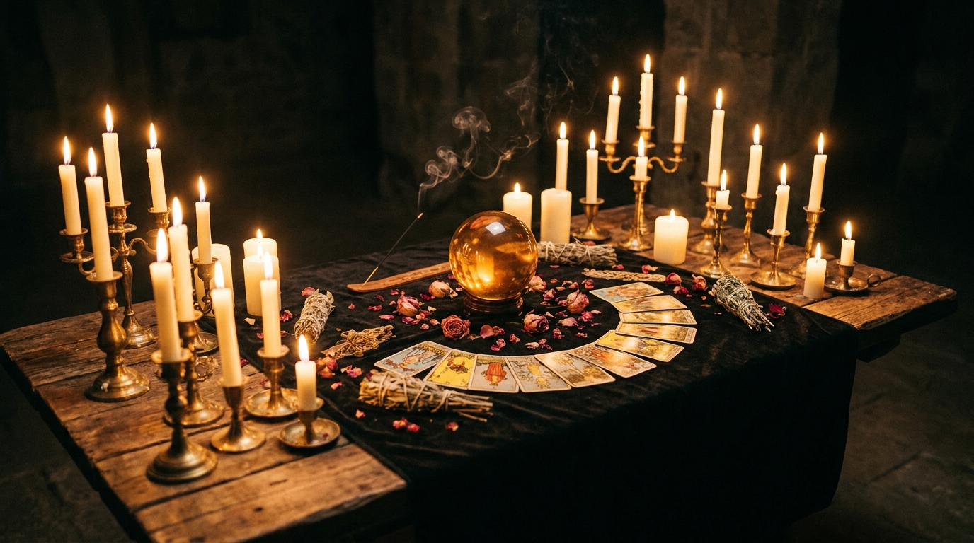 Table de consultation mystique — bougies, cristal de voyance et cartes de tarot