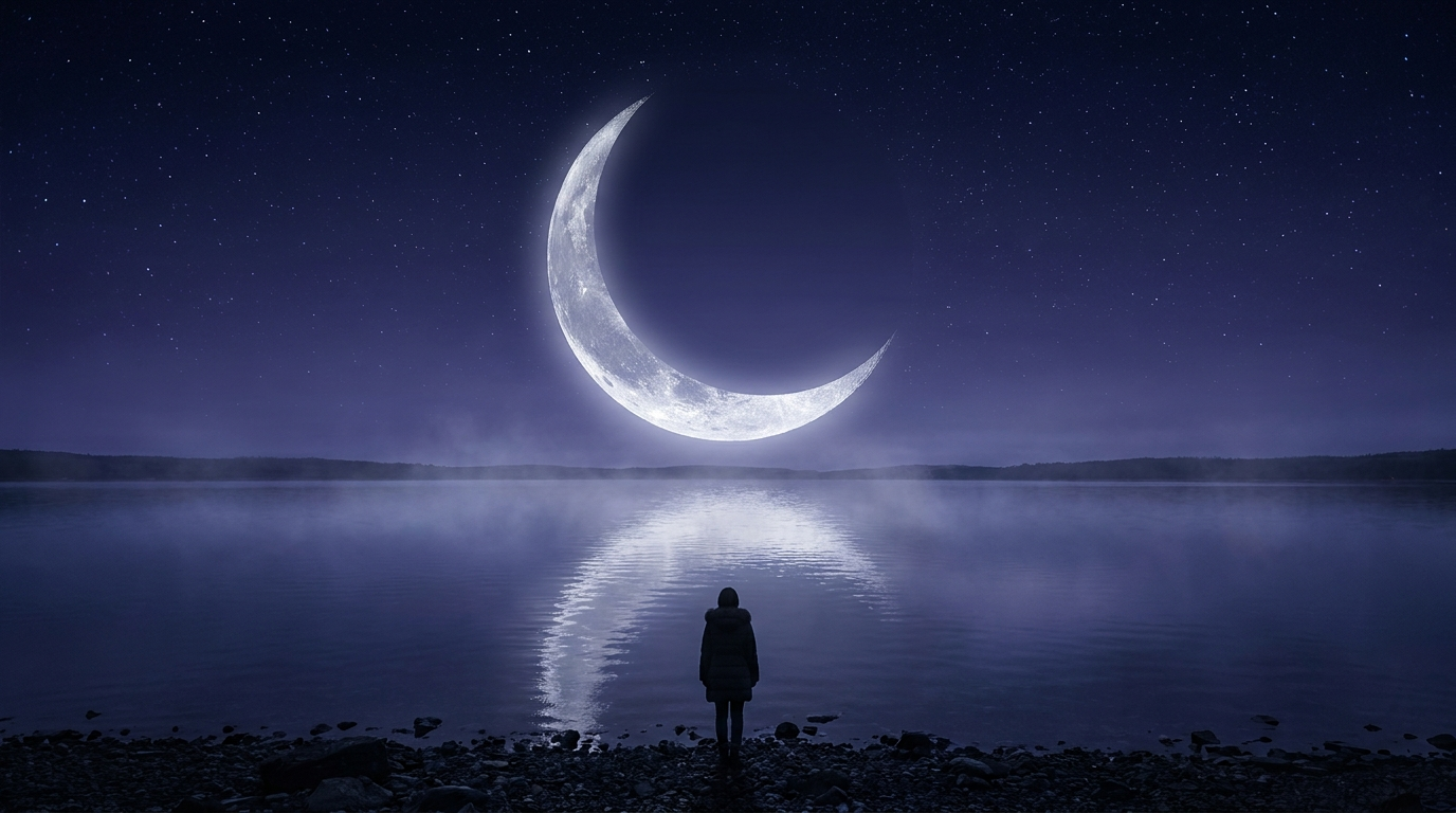 Silhouette solitaire devant une grande lune croissante au-dessus d'un lac