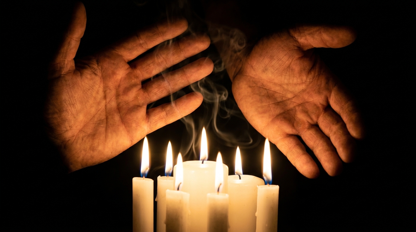 Mains au-dessus de bougies lors d'un rituel de désenvoutement