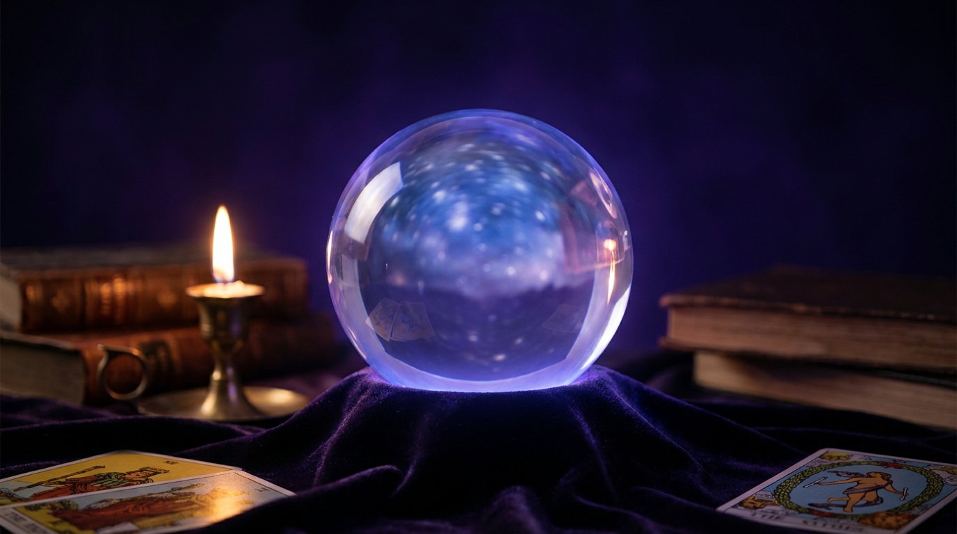 Cristal de voyance illuminé entouré de livres anciens