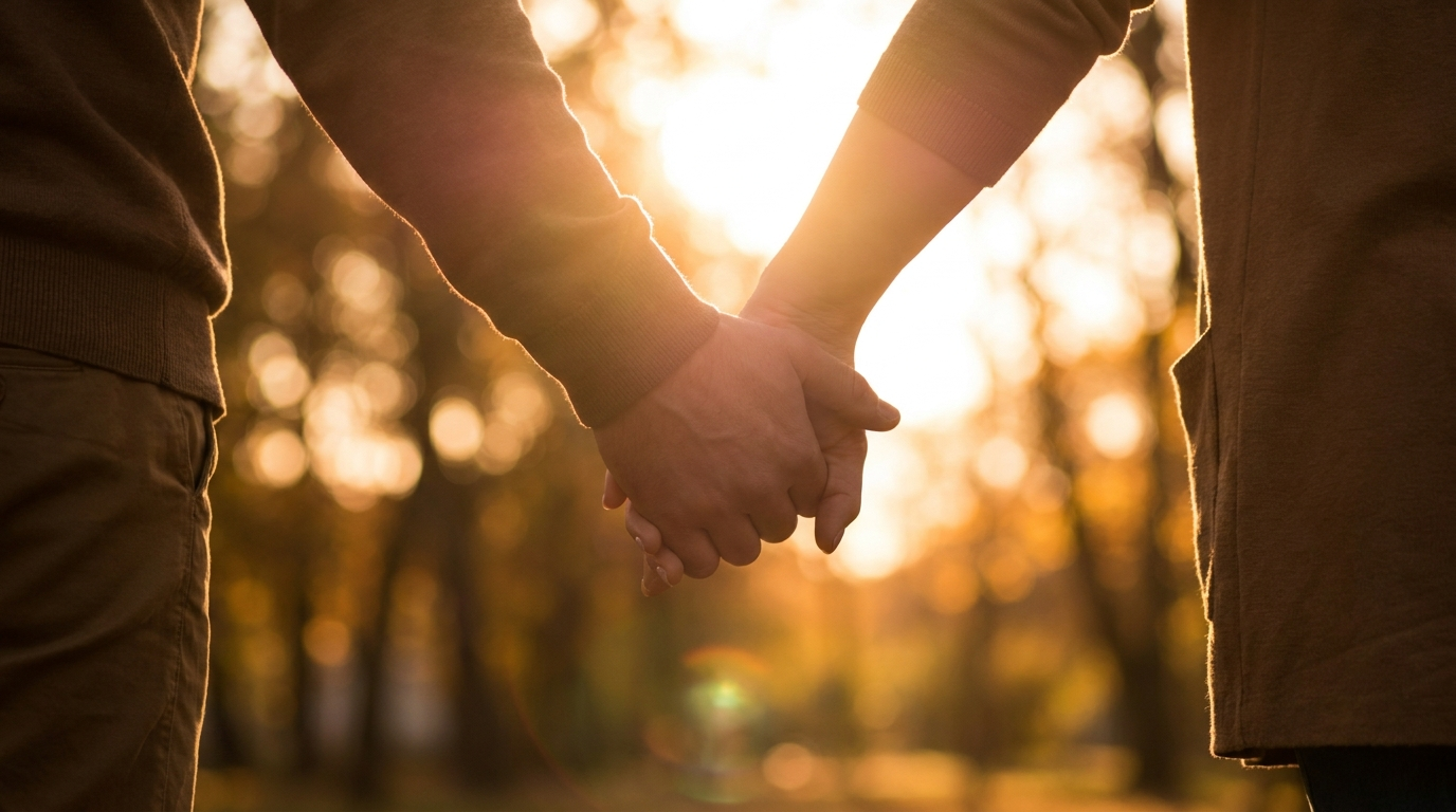 Couple se tenant la main au coucher du soleil — retour affectif